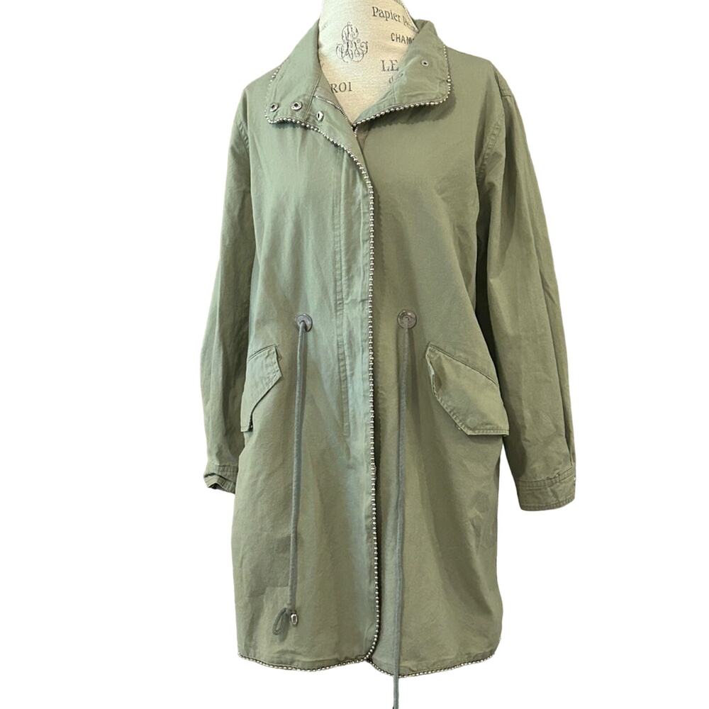 Beulah style army green military jacket silver pearl beaded trim full zip sz M